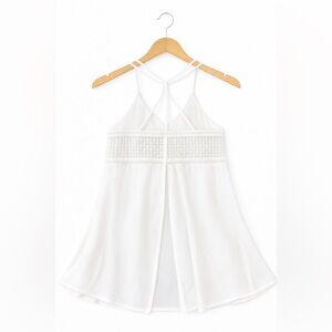 White Sheer Chiffon Split Front Tank Top w/ Lace Inset & Double Straps
